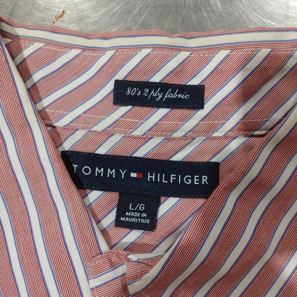 Excellent Condition Tommy Hilfiger Red Striped Button Shirt Size L 80's 2 ply - Picture 2 of 3